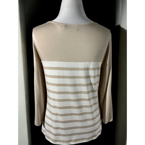 Chicos Womens Small Beige Blue Scoop Neck Stretch Quarter Sleeve Striped Top - Picture 3 of 9